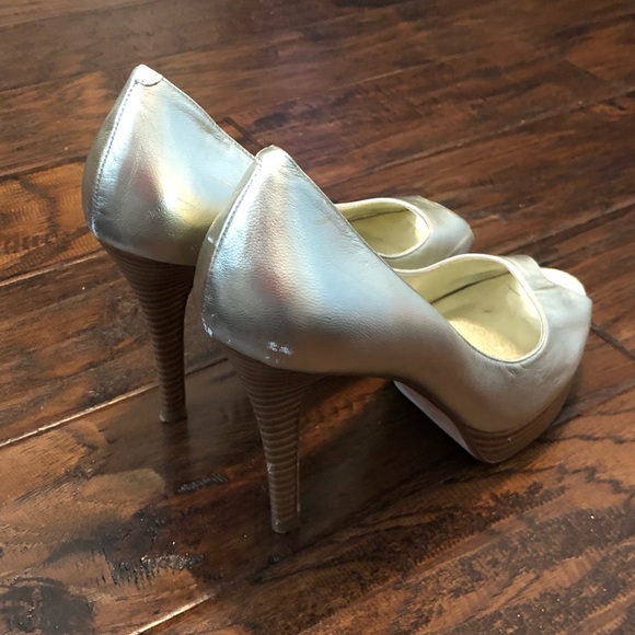 Cole Haan Metallic Gold Peep Toe Heels - Picture 5 of 16